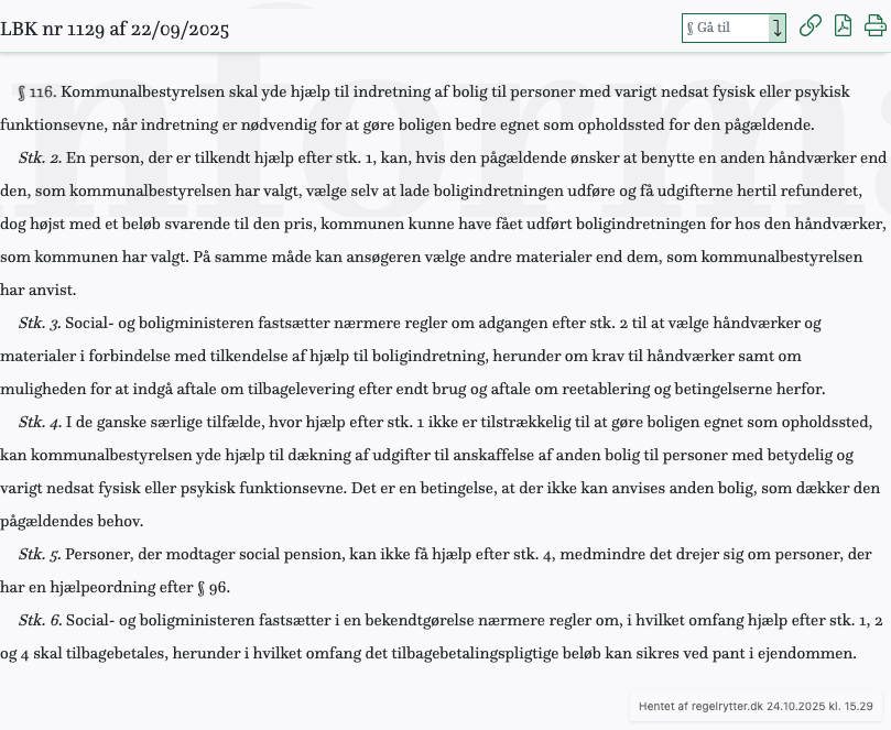 Screenshot af § 116. fra retsinformation.dk