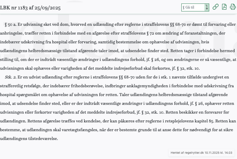 Screenshot af § 50 a. fra retsinformation.dk