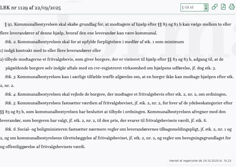 Screenshot af § 91. fra retsinformation.dk