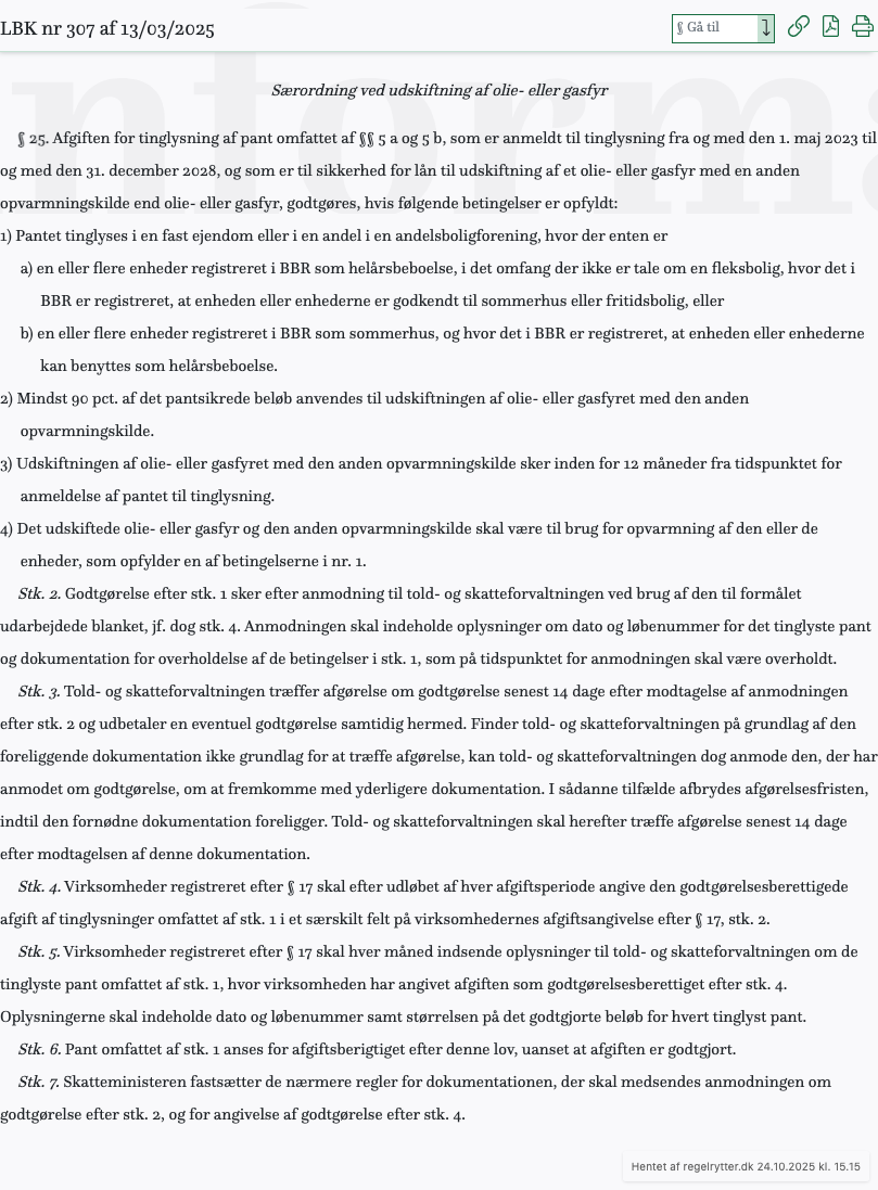 Screenshot af § 25. fra retsinformation.dk