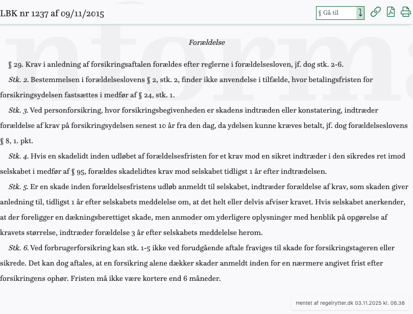 Screenshot af § 29. fra retsinformation.dk