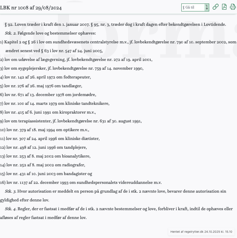 Screenshot af § 92. fra retsinformation.dk