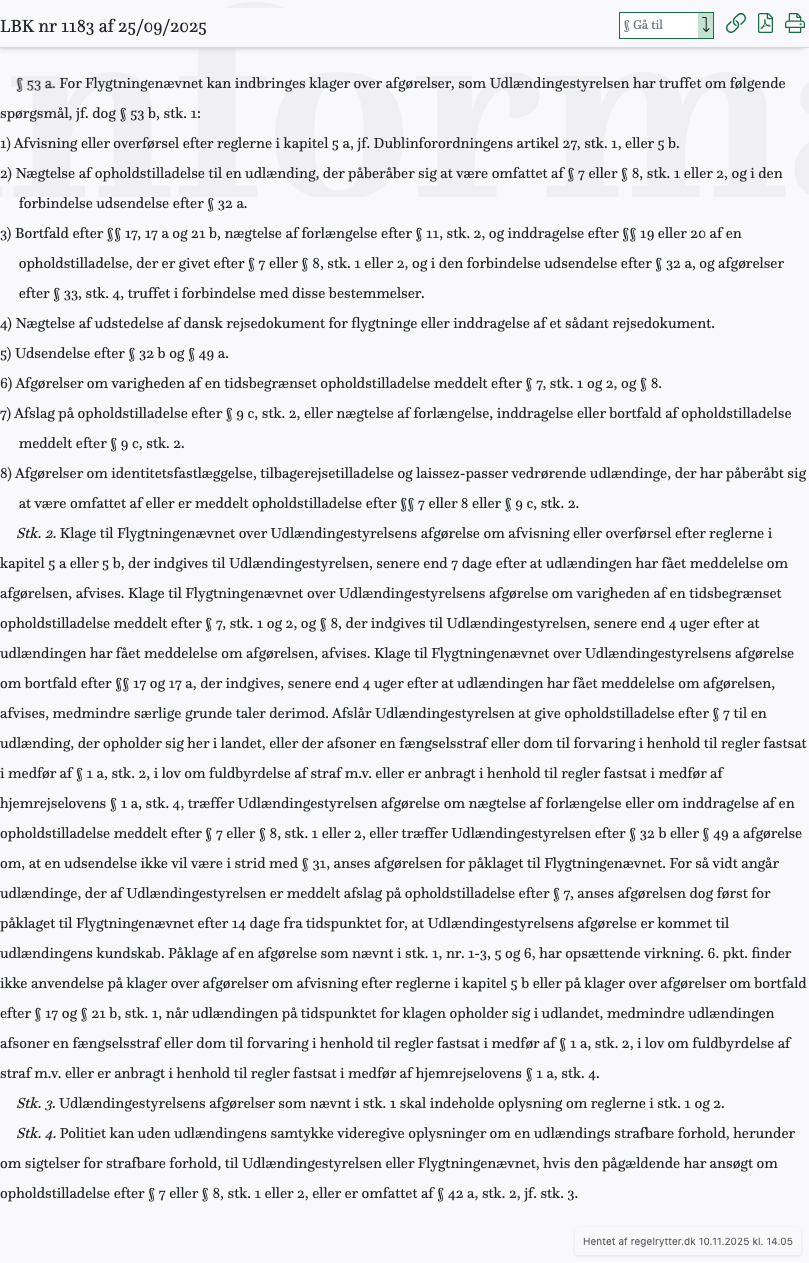 Screenshot af § 53 a. fra retsinformation.dk