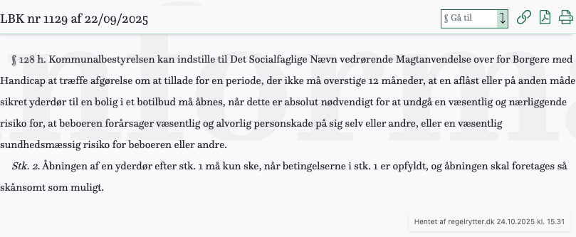 Screenshot af § 128 h. fra retsinformation.dk
