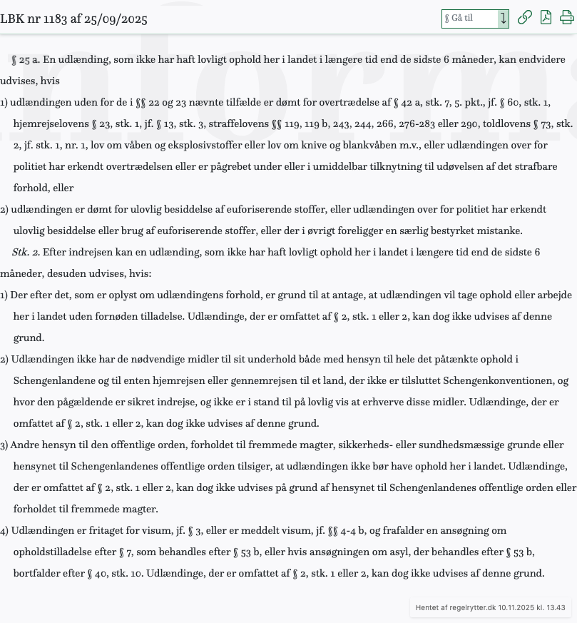 Screenshot af § 25 a. fra retsinformation.dk