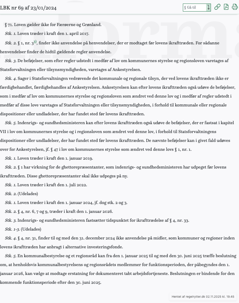 Screenshot af § 71. fra retsinformation.dk