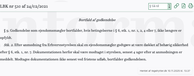 Screenshot af § 9. fra retsinformation.dk