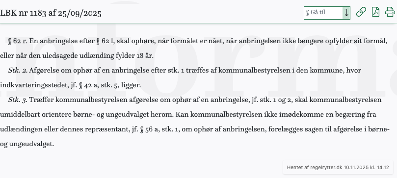 Screenshot af § 62 r. fra retsinformation.dk