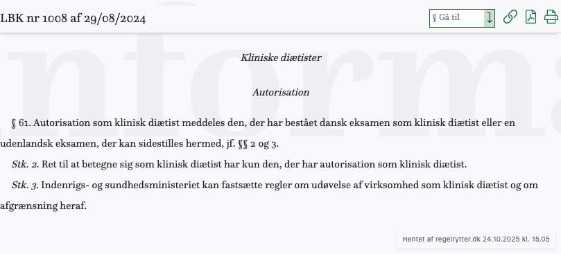 Screenshot af § 61. fra retsinformation.dk