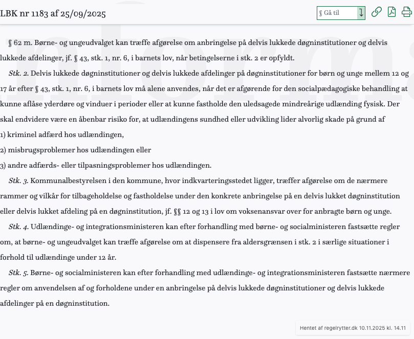 Screenshot af § 62 m. fra retsinformation.dk