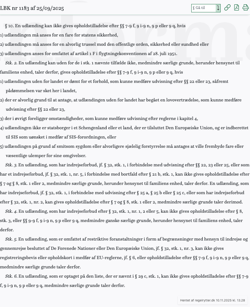 Screenshot af § 10. fra retsinformation.dk