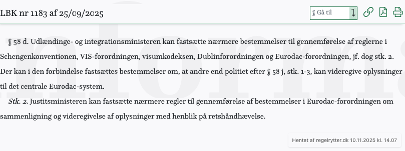 Screenshot af § 58 d. fra retsinformation.dk