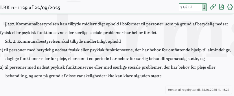 Screenshot af § 107. fra retsinformation.dk