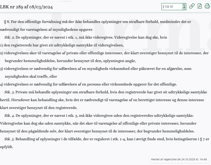 Screenshot af § 8. fra retsinformation.dk