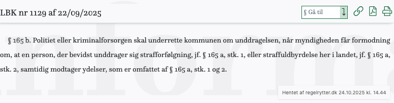 Screenshot af § 165 b. fra retsinformation.dk