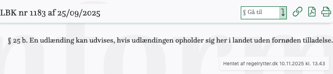 Screenshot af § 25 b. fra retsinformation.dk
