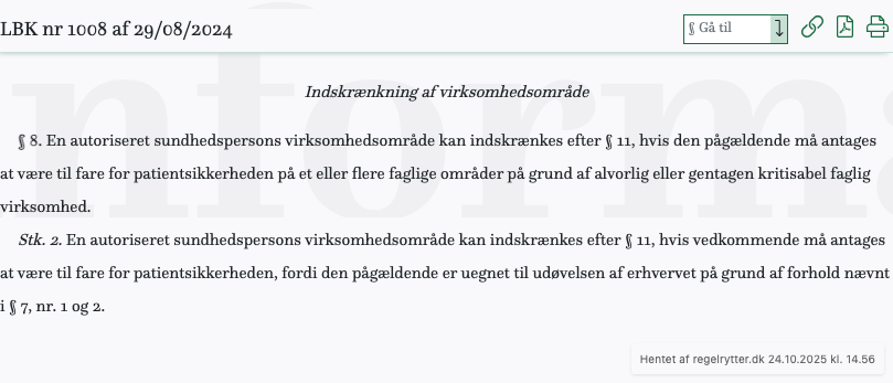 Screenshot af § 8. fra retsinformation.dk