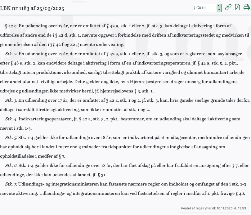 Screenshot af § 42 e. fra retsinformation.dk