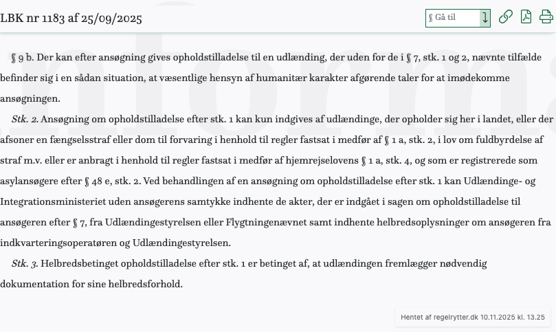 Screenshot af § 9 b. fra retsinformation.dk