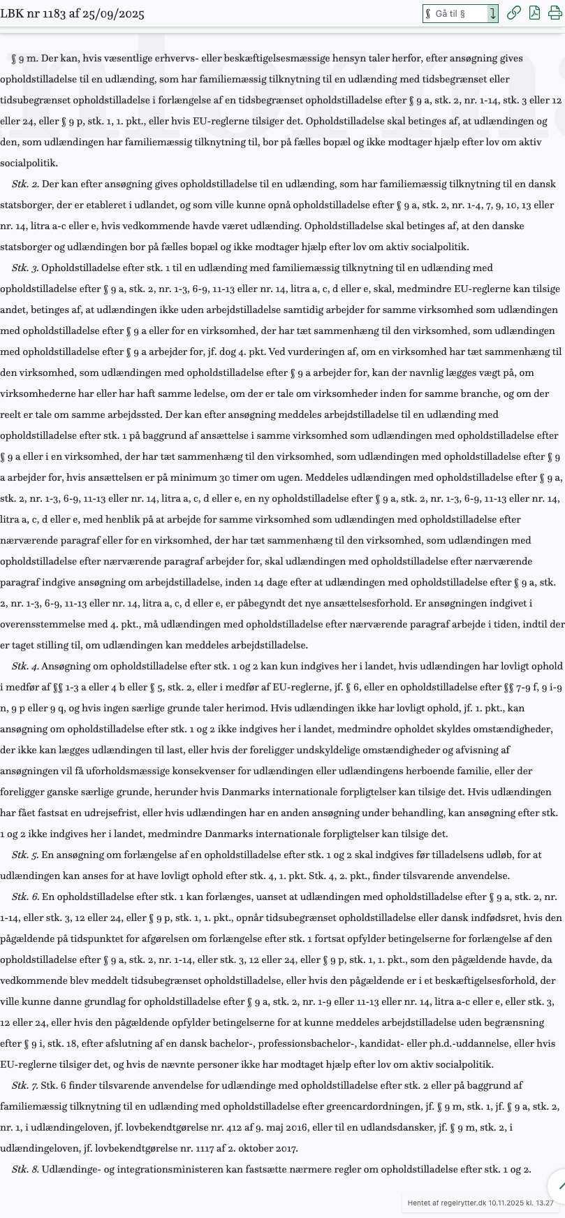 Screenshot af § 9 m. fra retsinformation.dk