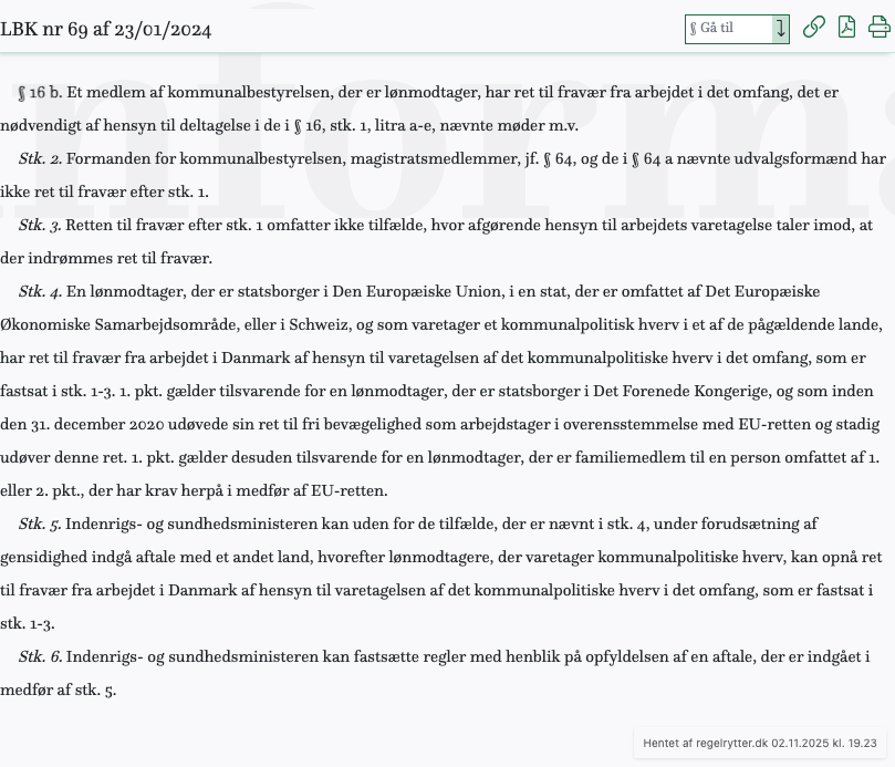 Screenshot af § 16 b. fra retsinformation.dk