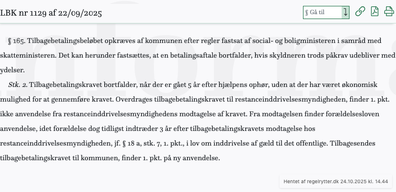 Screenshot af § 165. fra retsinformation.dk