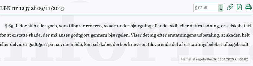 Screenshot af § 69. fra retsinformation.dk