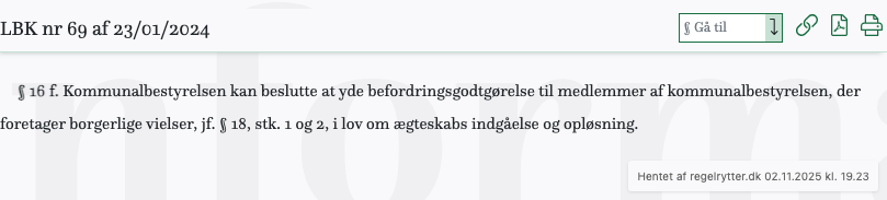 Screenshot af § 16 f. fra retsinformation.dk