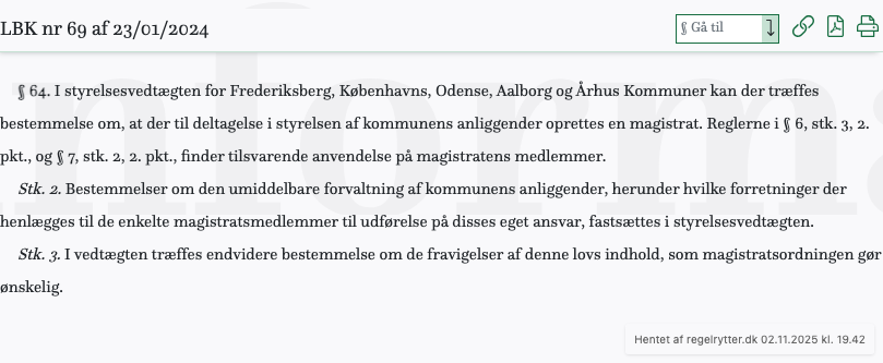 Screenshot af § 64. fra retsinformation.dk