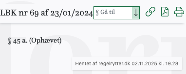 Screenshot af § 45 a. fra retsinformation.dk