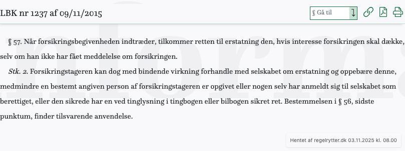 Screenshot af § 57. fra retsinformation.dk