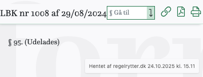 Screenshot af § 95. fra retsinformation.dk