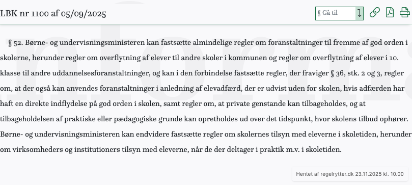 Screenshot af § 52. fra retsinformation.dk