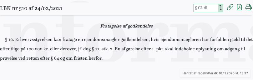 Screenshot af § 10. fra retsinformation.dk