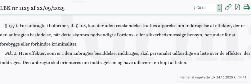 Screenshot af § 137 i. fra retsinformation.dk