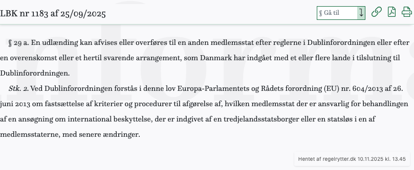 Screenshot af § 29 a. fra retsinformation.dk