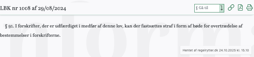 Screenshot af § 91. fra retsinformation.dk
