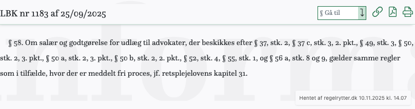 Screenshot af § 58. fra retsinformation.dk