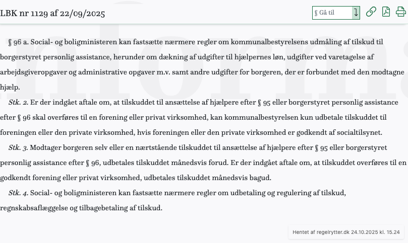 Screenshot af § 96 a. fra retsinformation.dk