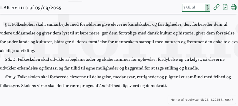 Screenshot af Folkeskoleloven fra retsinformation.dk