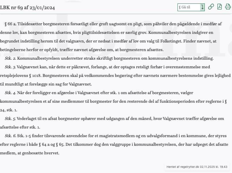 Screenshot af § 66 a. fra retsinformation.dk
